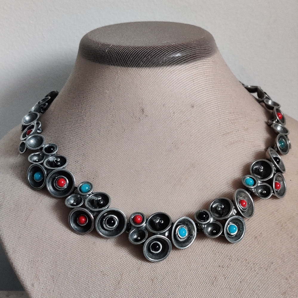 Modernist "Couples" Pewter Necklace with Turquoise and Coral Glass Stones